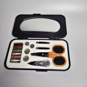 Portable Sewing Kit with Black Case and Orange-Handled Scissors